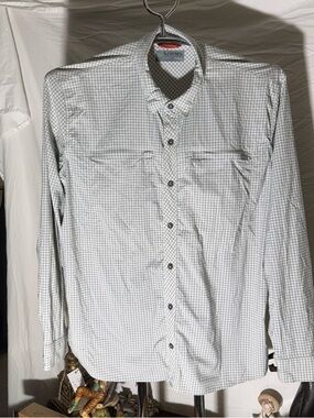 Simms Men's White and Green Micro-Check Button-Up Shirt